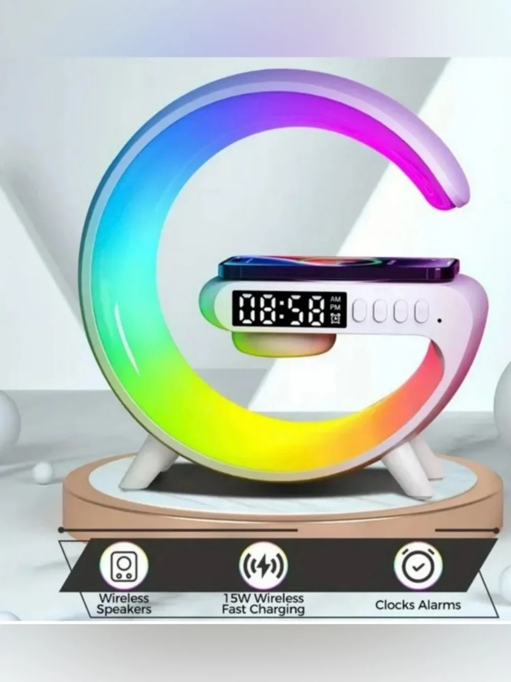 LED RGB C-Shaped Desk Lamp with Digital Clock & Wireless Charging